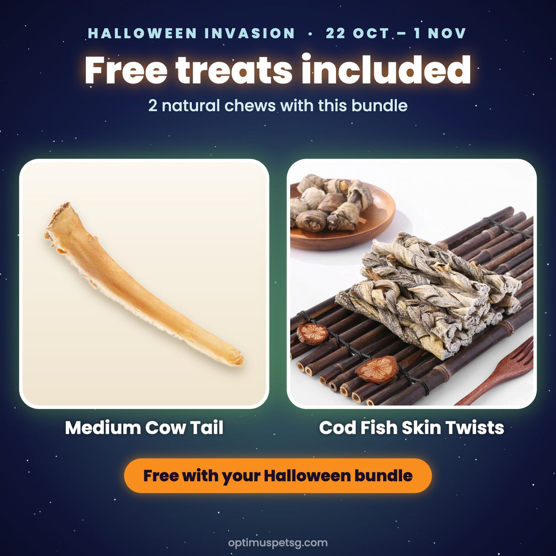 Free Medium Cow Tail and Cod Fish Skin Twists treats included with this Halloween bundle